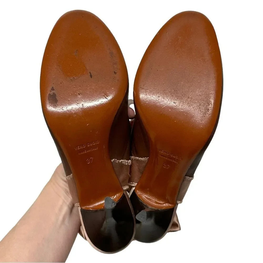 LANVIN Brown Leather & Pink Silk Slingback Bow Pumps Heels 37 6.5 7 Italy